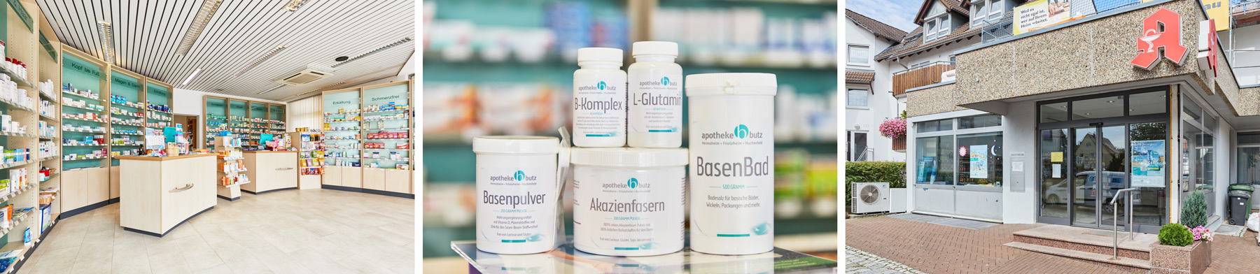 Hier sehen Sie drei Bilder, welche die Apotheke Butz Friolzheim von Innen und Außen zeigen, sowie Medikamente aus dem hauseigenen Sortiment.