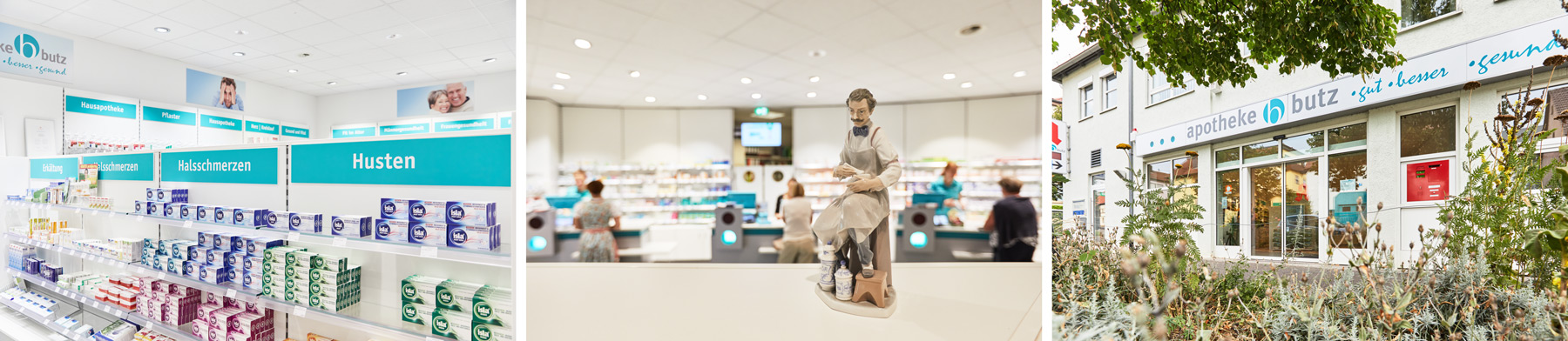 Hier sehen Sie drei Bilder, welche die Apotheke Butz Heimsheim von Innen und Außen zeigen und eine Figur von einem traditionellen Handwerksapotheker.